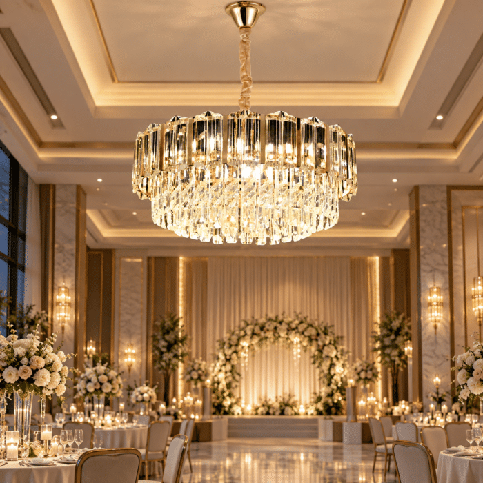 Candelabru cu Cristale 5×E27, Auriu, Ø40 cm, Înălțime Reglabilă 30–80 cm, Metal și Cristal - imagine 2