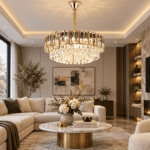 Candelabru cu Cristale 5×E27, Auriu, Ø40 cm, Înălțime Reglabilă 30–80 cm, Metal și Cristal