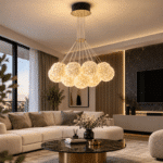 Candelabru cu Cristale 7×G9, Ø50 cm, Auriu, Înălțime Reglabilă 40–120 cm, Metal și Cristal