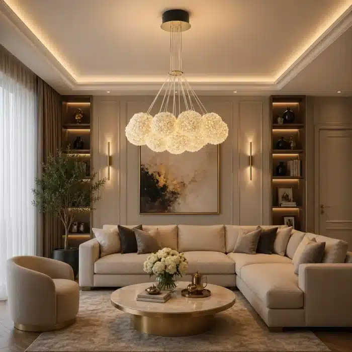 Candelabru cu Cristale 7×G9, Ø50 cm, Auriu, Înălțime Reglabilă 40–120 cm, Metal și Cristal - imagine 3