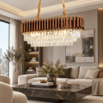 Candelabru cu Cristale 8×E27, Maro/Auriu, 80×30×70 cm, Înălțime Reglabilă 30–70 cm, Metal și Cristal