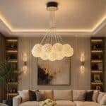 Candelabru cu Cristale 9×G9, Auriu, Ø50 cm, Înălțime Reglabilă 40–120 cm, Metal și Cristal
