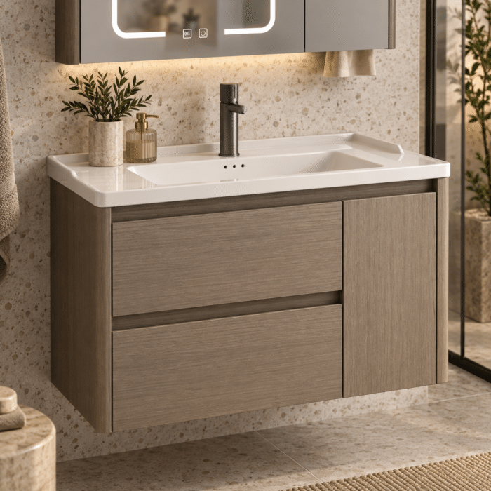 Set Mobilier Baie 80 cm cu Lavoar Ceramic și Dulap cu Oglindă LED, Stejar Greige - imagine 2