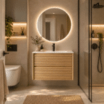 Set Mobilier Baie 80 cm cu Lavoar Ceramic și Oglindă LED 70×70 cm, Stejar Greige - imagine 5