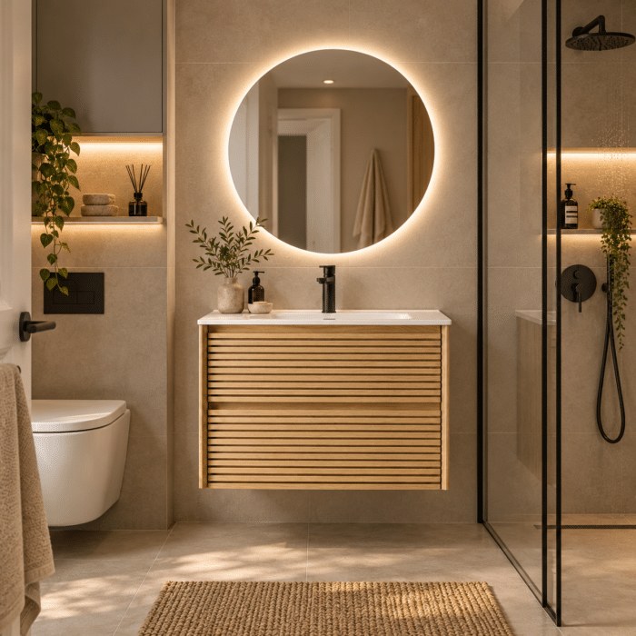 Set Mobilier Baie 80 cm cu Lavoar Ceramic și Oglindă LED 70×70 cm, Stejar Greige - imagine 5