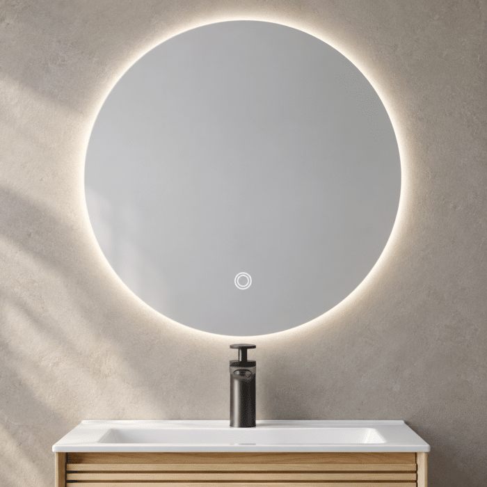Set Mobilier Baie 80 cm cu Lavoar Ceramic și Oglindă LED 70×70 cm, Stejar Greige - imagine 3