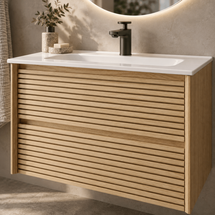 Set Mobilier Baie 80 cm cu Lavoar Ceramic și Oglindă LED 70×70 cm, Stejar Greige - imagine 2