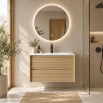 Set Mobilier Baie 80 cm cu Lavoar Ceramic și Oglindă LED 70×70 cm, Stejar Greige - imagine 6