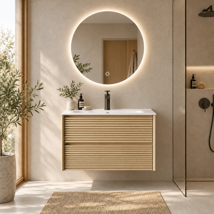 Set Mobilier Baie 80 cm cu Lavoar Ceramic și Oglindă LED 70×70 cm, Stejar Greige - imagine 6