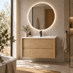 Set Mobilier Baie 80 cm cu Lavoar Ceramic și Oglindă LED 70×70 cm, Stejar Greige - imagine 7