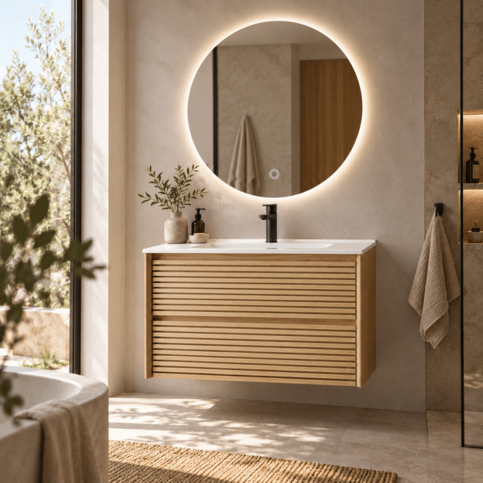 Set Mobilier Baie 80 cm cu Lavoar Ceramic și Oglindă LED 70×70 cm, Stejar Greige - imagine 7
