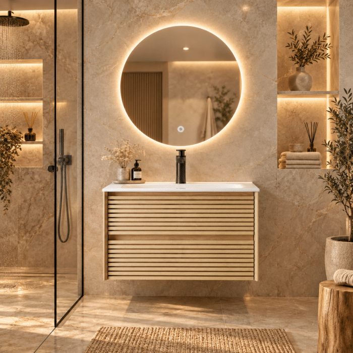 Set Mobilier Baie 80 cm cu Lavoar Ceramic și Oglindă LED 70×70 cm, Stejar Greige - imagine 8