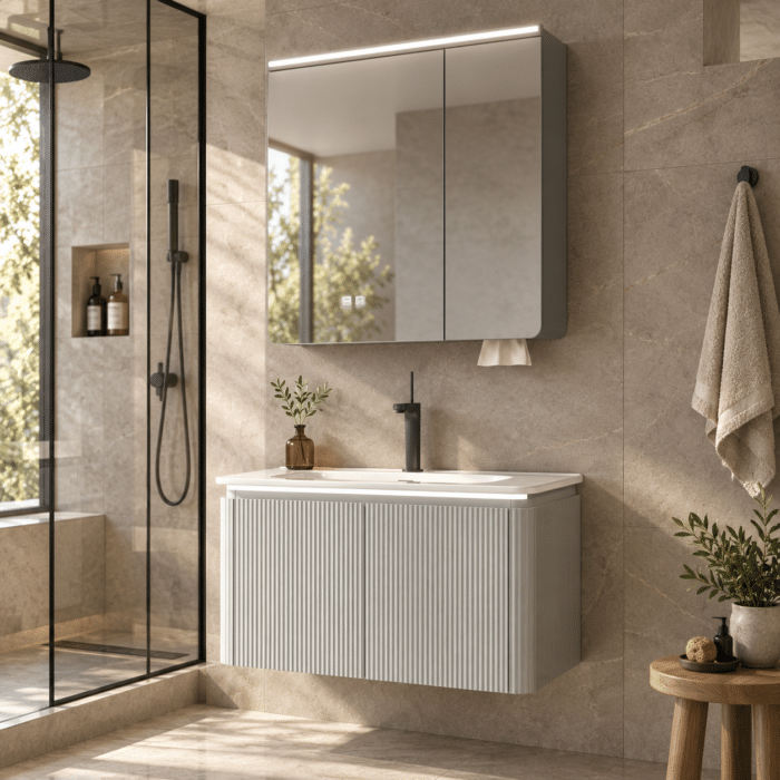 Set Mobilier Baie LED 80 cm cu Lavoar Ceramic și Dulap cu Oglindă LED, Gri Deschis - imagine 3