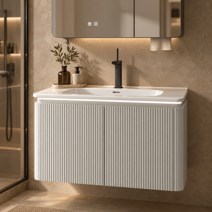 Set Mobilier Baie LED 80 cm cu Lavoar Ceramic și Dulap cu Oglindă LED, Gri Deschis - imagine 2