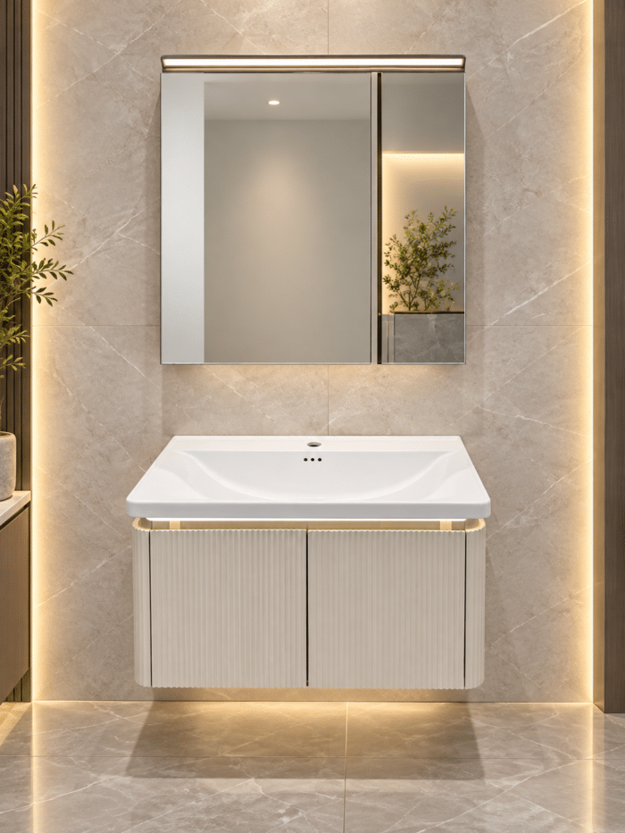 Set Mobilier Baie LED 80 cm cu Lavoar Ceramic și Dulap cu Oglindă LED, Alb - imagine 6