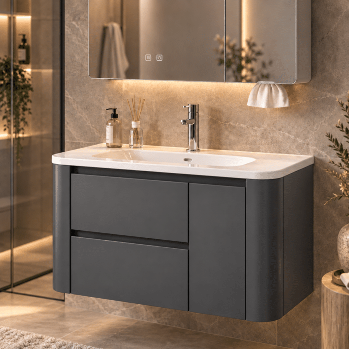 Set Mobilier Baie 80 cm cu Lavoar Ceramic și Dulap cu Oglindă LED, Gri Antracit Mat - imagine 2