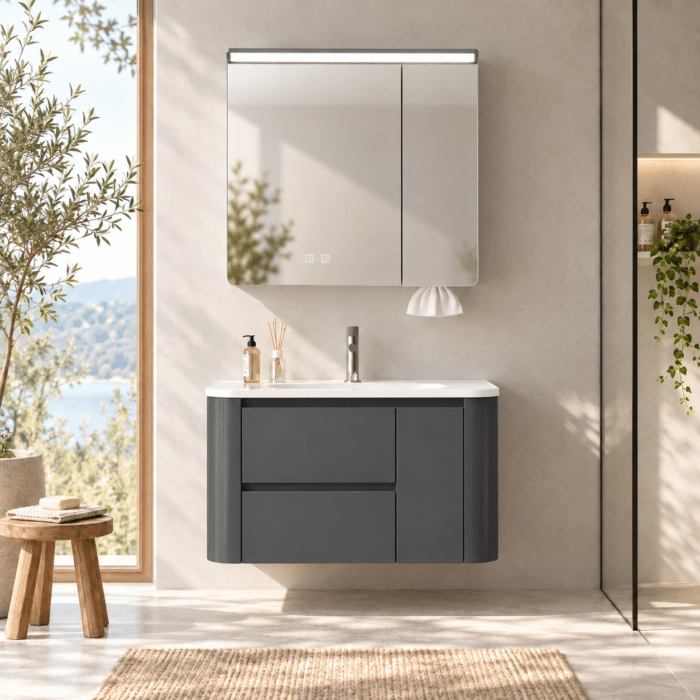 Set Mobilier Baie 80 cm cu Lavoar Ceramic și Dulap cu Oglindă LED, Gri Antracit Mat - imagine 3