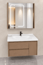 Set Mobilier Baie 80 cm cu Lavoar Ceramic și Dulap cu Oglindă LED, Stejar Greige - imagine 6