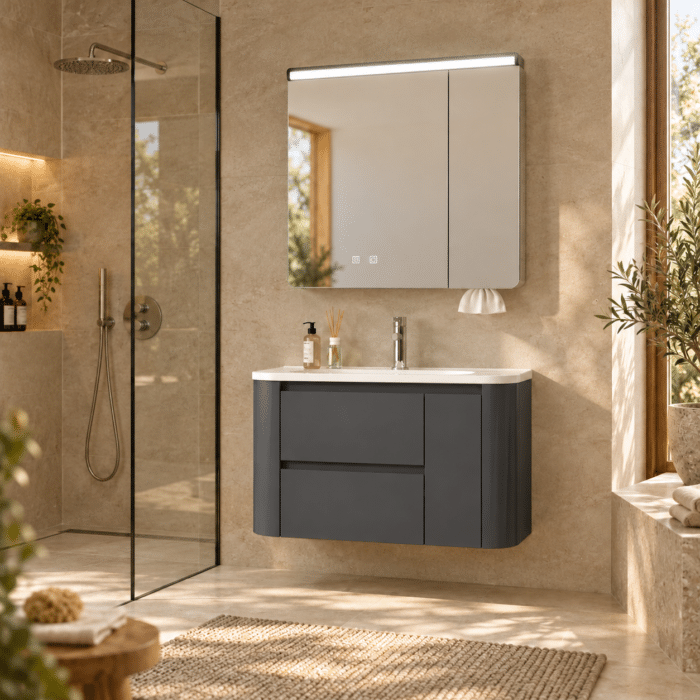 Set Mobilier Baie 80 cm cu Lavoar Ceramic și Dulap cu Oglindă LED, Gri Antracit Mat - imagine 4