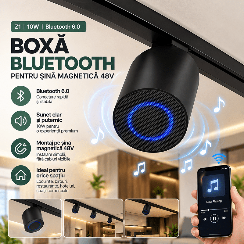 Boxă Bluetooth pentru Șină Magnetică 48V Z1, 10W, Bluetooth 6.0, NegruBoxă Bluetooth pentru Șină Magnetică 48V Z1, 10W, Bluetooth 6.0, Negru (1) Boxă Bluetooth pentru Șină Magnetică 48V Z1, 10W, Bluetooth 6.0, Negru - imagine 1