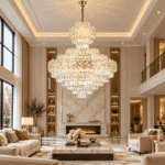 Candelabru Living cu Cristale 22×E27, Auriu, Model Mare, Ø80 cm, Înălțime Reglabilă 110–165 cm, Metal și Cristal
