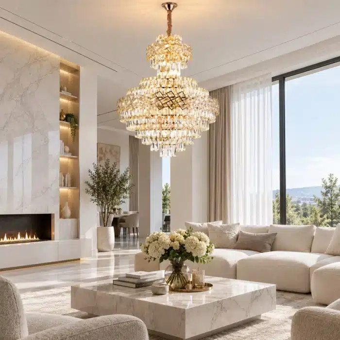 Candelabru Living cu Cristale 22×E27, Auriu, Model Mare, Ø80 cm, Înălțime Reglabilă 110–165 cm, Metal și Cristal - imagine 4