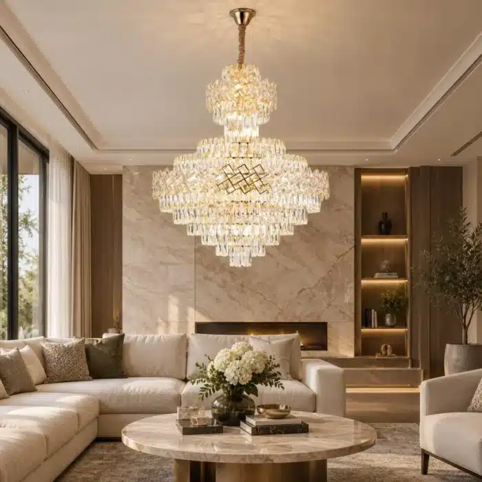 Candelabru Living cu Cristale 22×E27, Auriu, Model Mare, Ø80 cm, Înălțime Reglabilă 110–165 cm, Metal și Cristal - imagine 2