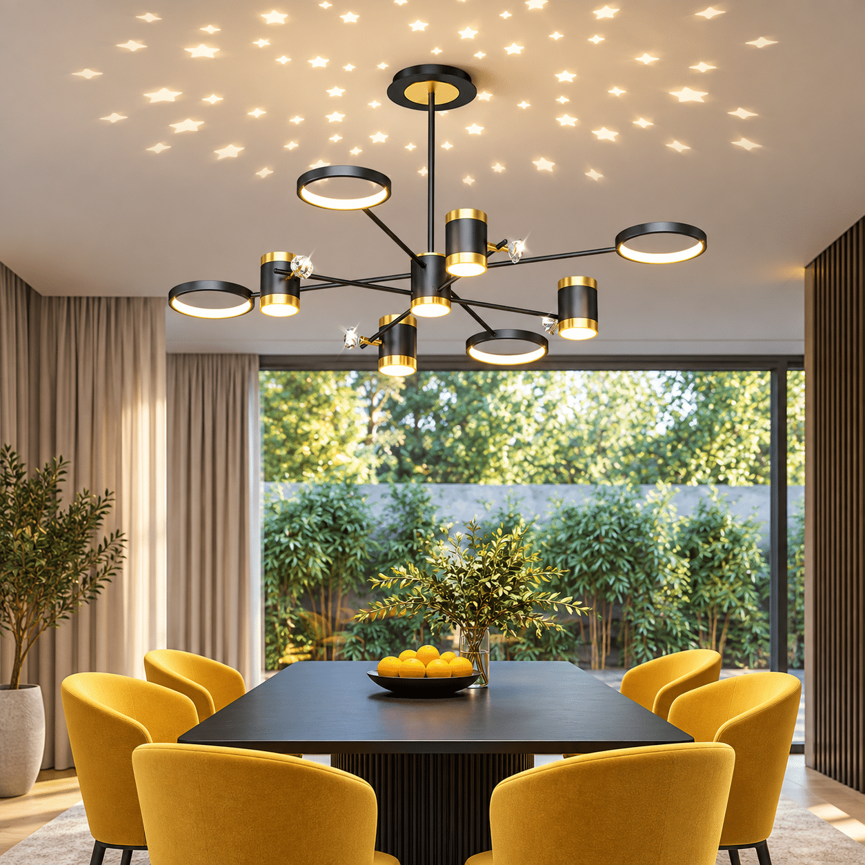Candelabru modern sub cer înstelat Lustra LED Stei, Cu Telecomanda, 3 Tipuri De Lumina, Intensitate Reglabila, 142W, Negru/Auriu - imagine 1