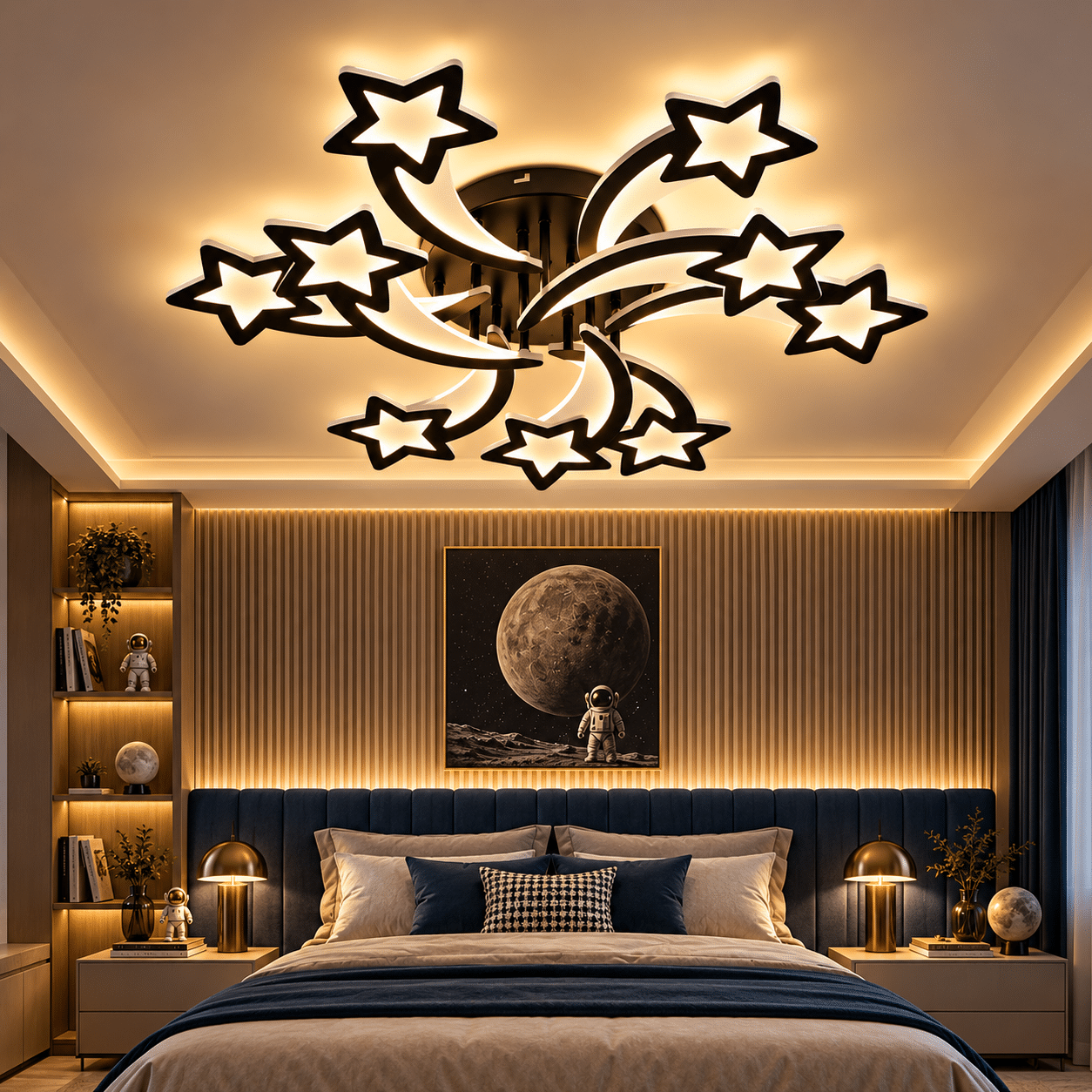 Dormitor cosmic cu candelabru în formă de stele Lustra LED STAR Gigant Black 200W Telecomanda, Negru - imagine 1
