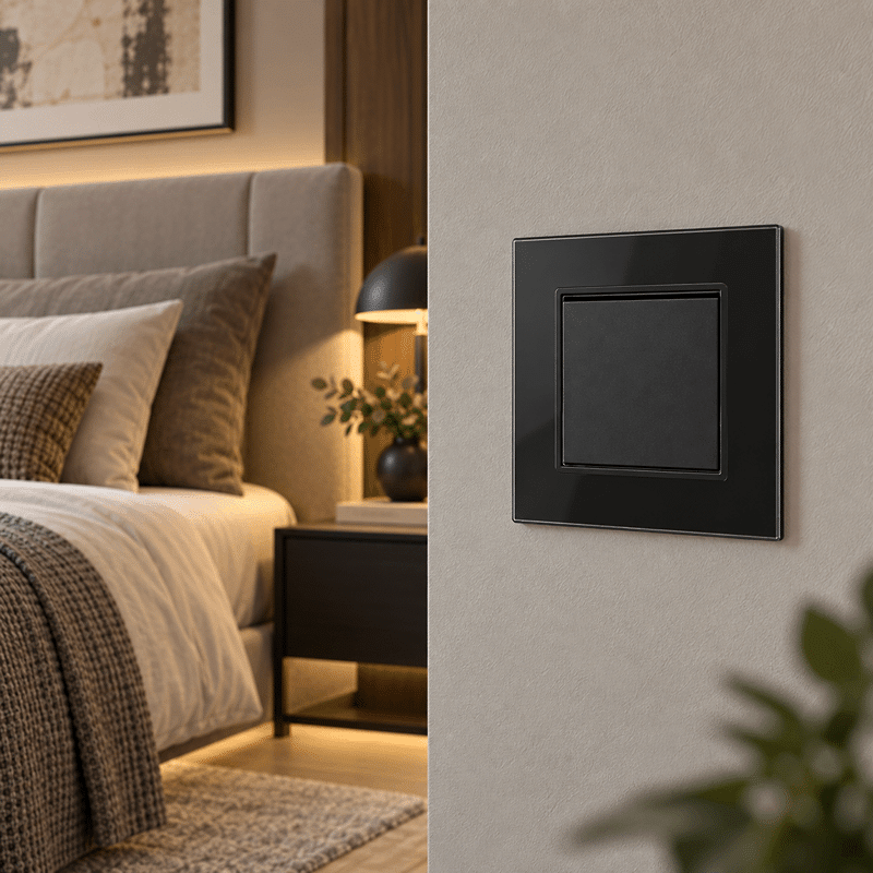 Întrerupător Cap Cruce Negru cu Ramă din Sticlă, 86×86 mm, 250V10A, IP20 Întrerupător Cap Cruce Negru cu Ramă din Sticlă, 86×86 mm, 250V/10A, IP20 - imagine 1