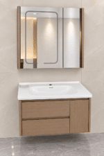 Set Mobilier Baie 80 cm cu Lavoar Ceramic și Dulap cu Oglindă LED, Stejar Greige - imagine 7