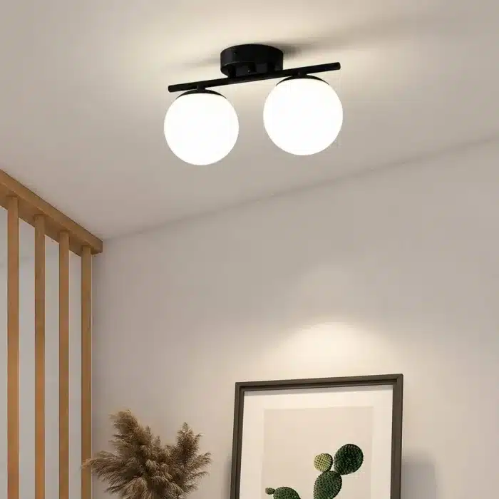Lustră BLOOM cu 2 Abajururi Albe, 2×E27, Negru, Metal și Sticlă - imagine 2