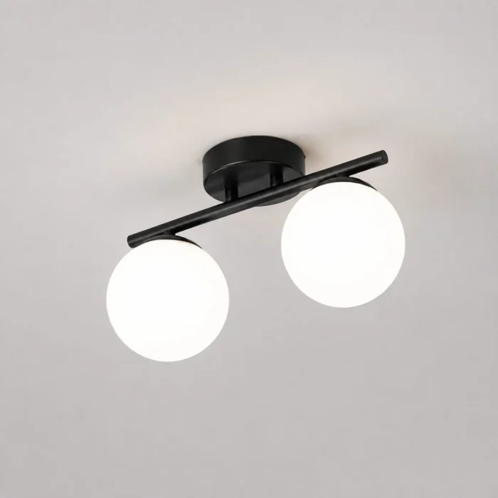 Lustră BLOOM cu 2 Abajururi Albe, 2×E27, Negru, Metal și Sticlă - imagine 3