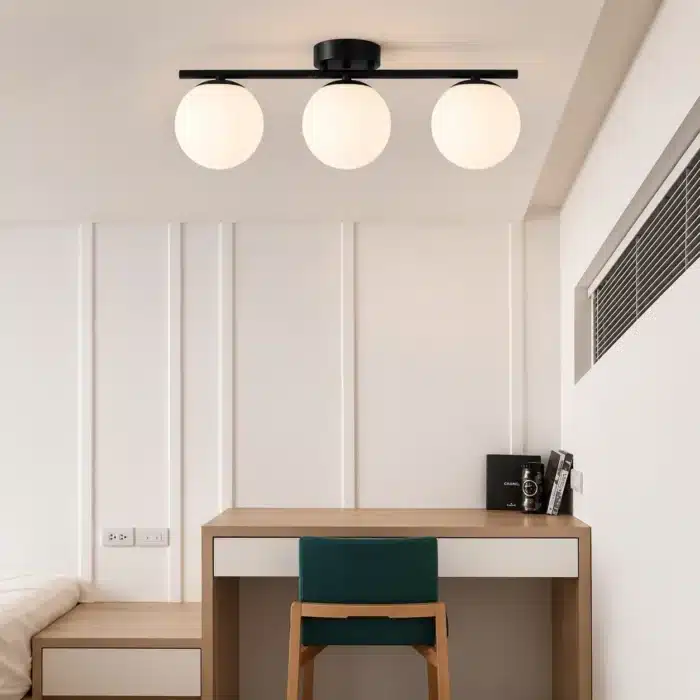Lustră Bloom cu 3 Abajururi Albe, 3×E27, Negru, Metal și Sticlă - imagine 3