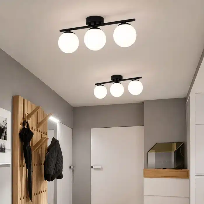 Lustră Bloom cu 3 Abajururi Albe, 3×E27, Negru, Metal și Sticlă - imagine 2