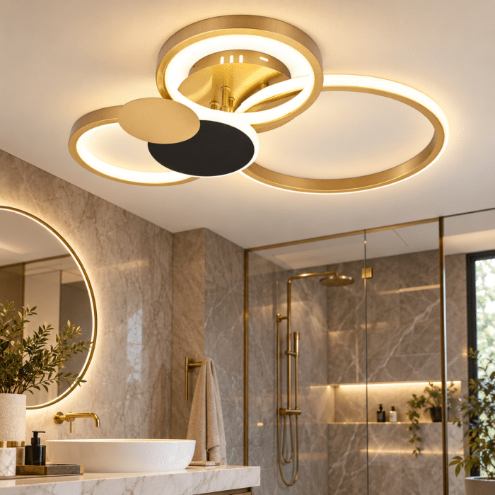 Lustră LED Cercuri 104W, Negru/Auriu, 3 Tipuri de Lumină, Dimabilă, Telecomandă - imagine 2