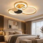 Lustră LED Cercuri 104W, Negru/Auriu, 3 Tipuri de Lumină, Dimabilă, Telecomandă