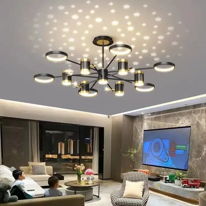 Lustră LED Stele Proiectate, 214W, Negru/Auriu, 3 Tipuri de Lumină, Dimabilă, Telecomandă - imagine 2