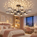 Lustră LED Stele Proiectate, 214W, Negru/Auriu, 3 Tipuri de Lumină, Dimabilă, Telecomandă