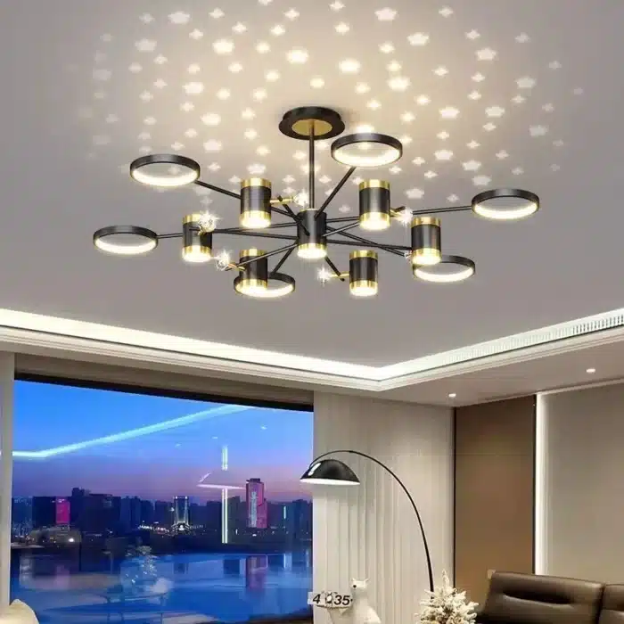 Lustră LED Stele Proiectate, 214W, Negru/Auriu, 3 Tipuri de Lumină, Dimabilă, Telecomandă - imagine 4