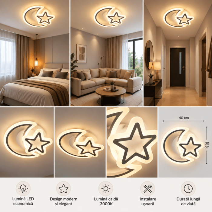 Lustra LED moderna Luna si Stea cu Telecomanda, 74W, Lumina Reglabila, Alb - imagine 2