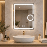Oglindă LED 50×70 cm cu Lupă Cosmetică, Dezaburire, 3 Tipuri de Lumină, Touch, Model Shark Design