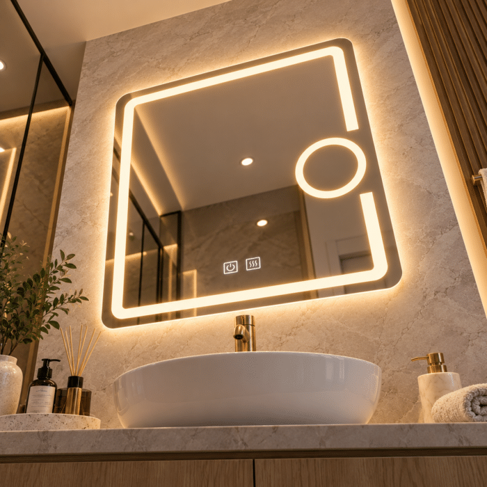 Oglindă LED 50×70 cm cu Lupă Cosmetică, Dezaburire, 3 Tipuri de Lumină, Touch, Model Shark Design - imagine 5