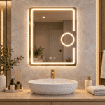 Oglindă LED 60×80 cm cu Lupă Cosmetică, Dezaburire, 3 Tipuri de Lumină, Touch, Model Shark Design