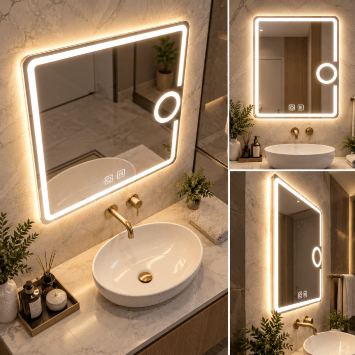 Oglindă LED 50×70 cm cu Lupă Cosmetică, Dezaburire, 3 Tipuri de Lumină, Touch, Model Shark Design - imagine 6