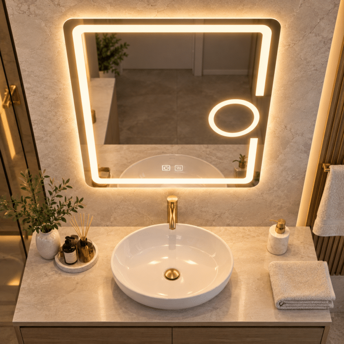 Oglindă LED 50×70 cm cu Lupă Cosmetică, Dezaburire, 3 Tipuri de Lumină, Touch, Model Shark Design - imagine 4