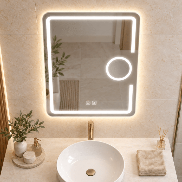 Oglindă LED 50×70 cm cu Lupă Cosmetică, Dezaburire, 3 Tipuri de Lumină, Touch, Model Shark Design - imagine 2