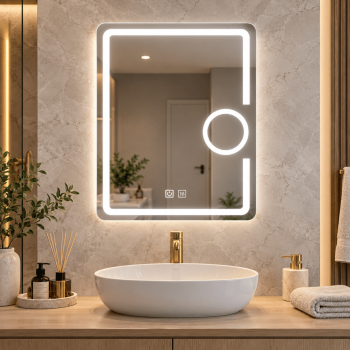 Oglindă LED 60×80 cm cu Lupă Cosmetică, Dezaburire, 3 Tipuri de Lumină, Touch, Model Shark Design - imagine 6