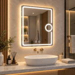 Oglindă LED 50×70 cm cu Lupă Cosmetică, Dezaburire, 3 Tipuri de Lumină, Touch, Model Shark Design - imagine 3