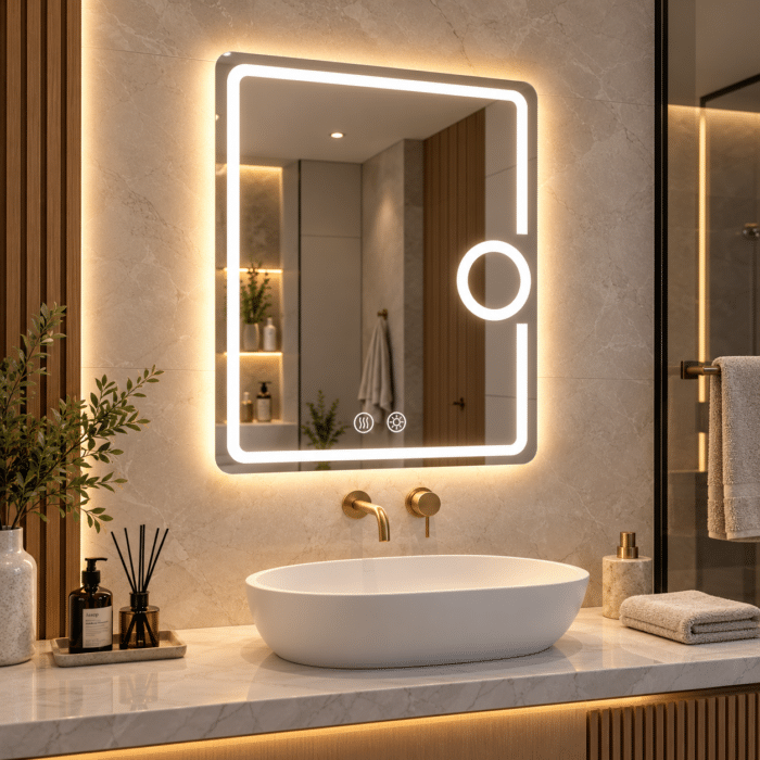Oglindă LED 50×70 cm cu Lupă Cosmetică, Dezaburire, 3 Tipuri de Lumină, Touch, Model Shark Design - imagine 3